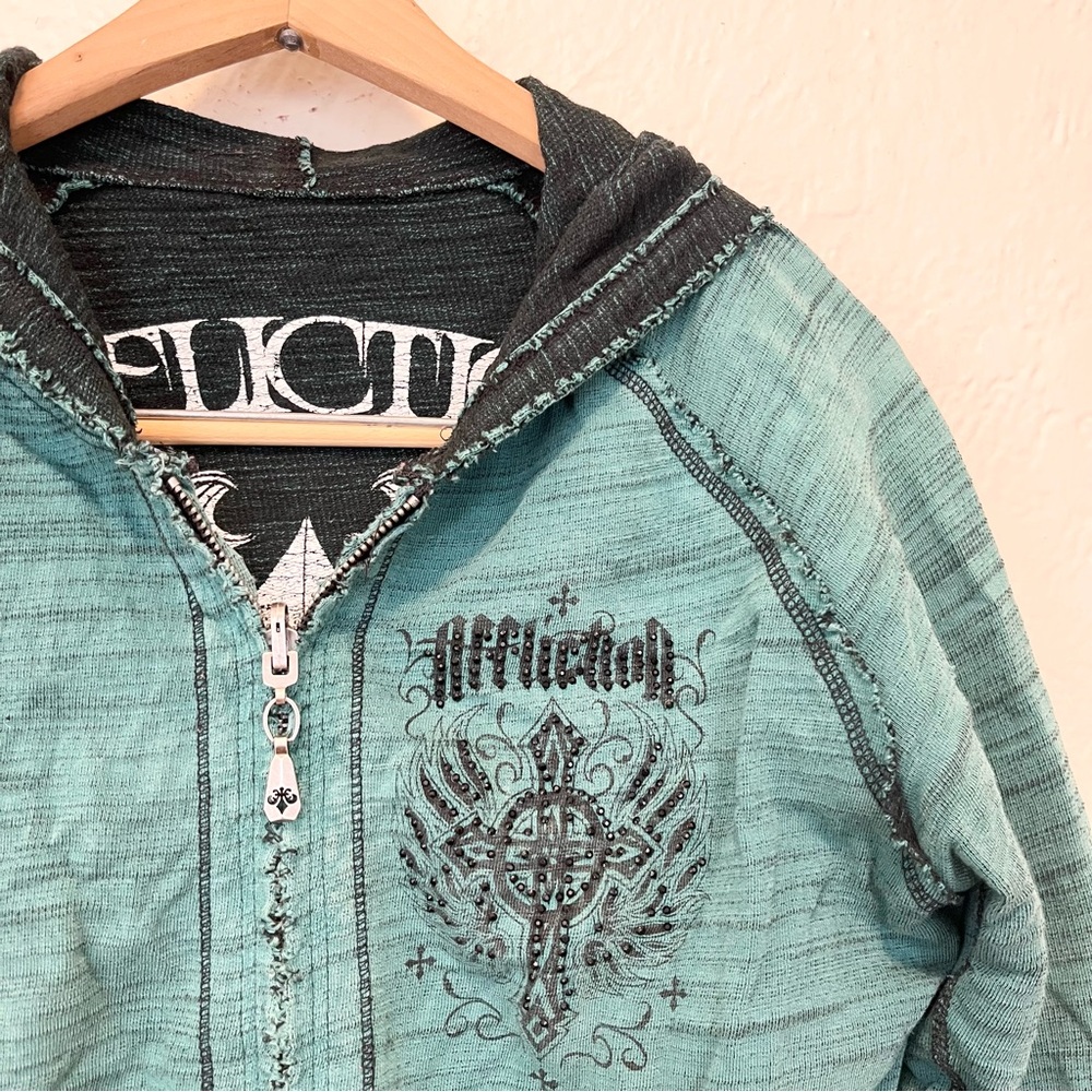 Affliction Reversible Hoodie Teal Green Medium M - Picture 12 of 16